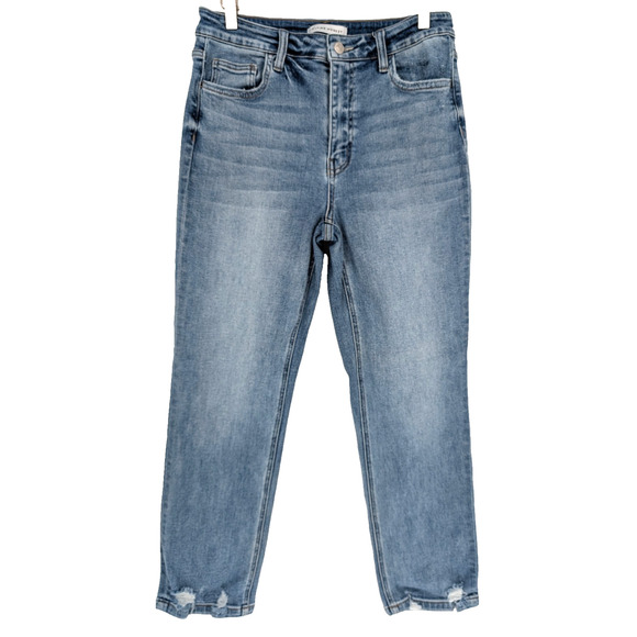 Flying Monkey Womens High Rise Destructed Hem Crop Straight Medium Rinse Jean 30 - Picture 1 of 8